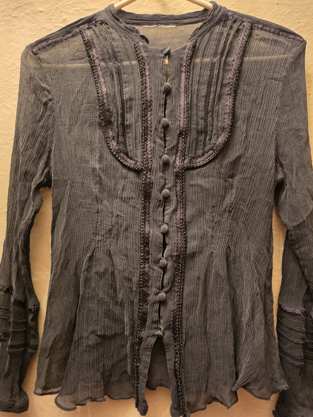 Sheer Crinkle Embroidered Goth Boho Blouse Black S - Picture 8 of 8